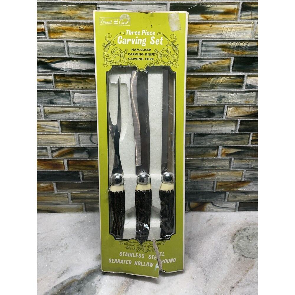 Vintage Grant Crest Stainless Steel Knife Three Piece Carving Set New Old Stock